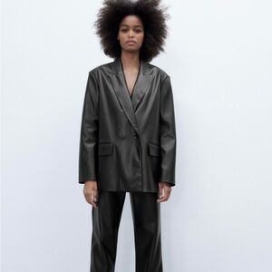 Zara NWT Black Faux Leather Blazer | Size Small | Structured